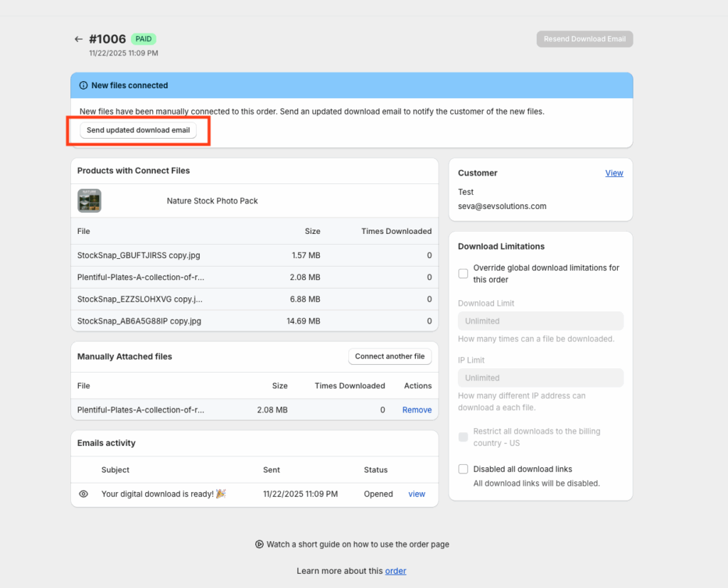 Order detail screen with the Send updated download email button after connecting the new file