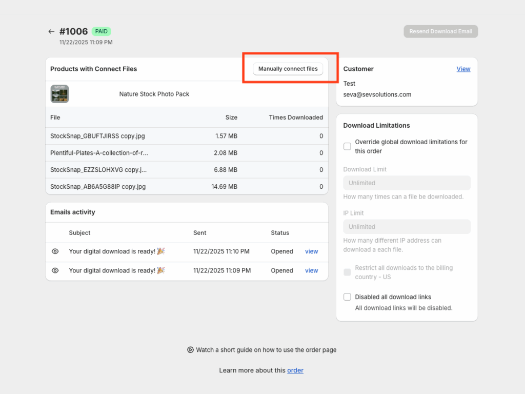 Order detail screen with the Manually connect files button highlighted