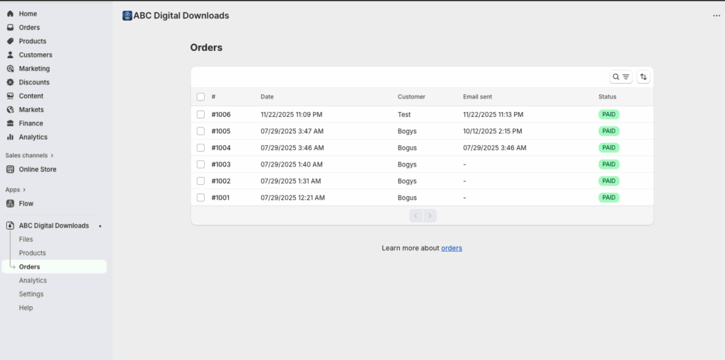 Orders list in the ABC Digital Downloads app with an order number selected to open it