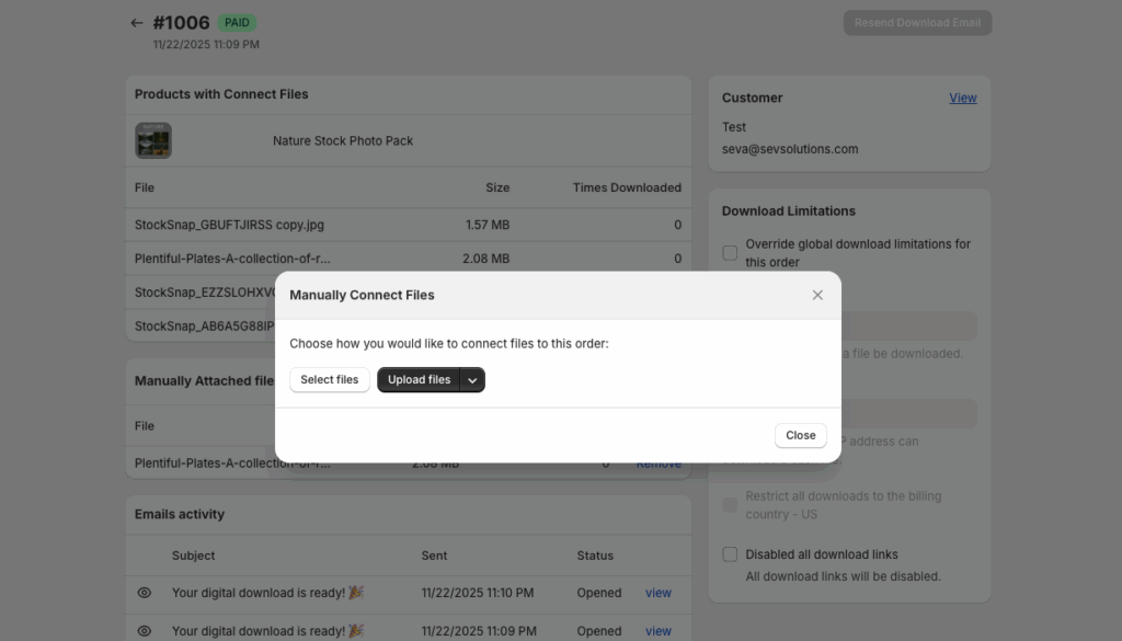File selection panel for attaching the updated file, with options to select an existing file or upload from your computer