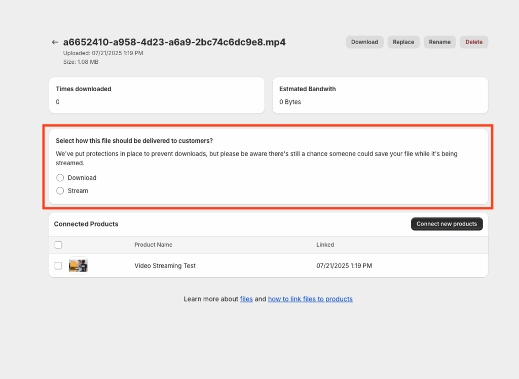 File details page with the delivery method set to Stream so customers play the file in their browser