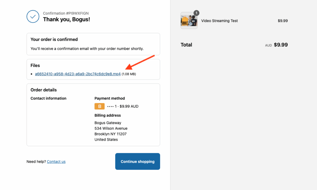 Connected products list confirming the streaming file is linked, ready to test via a test order