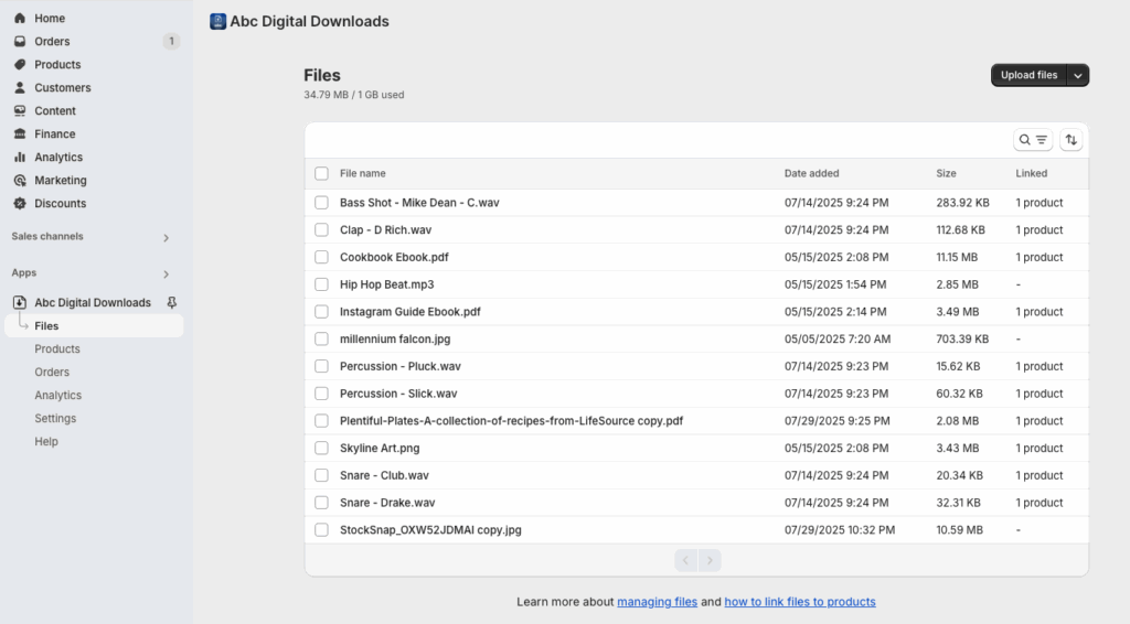 Files list in ABC Digital Downloads showing an uploaded file with its name, size, and linked product count