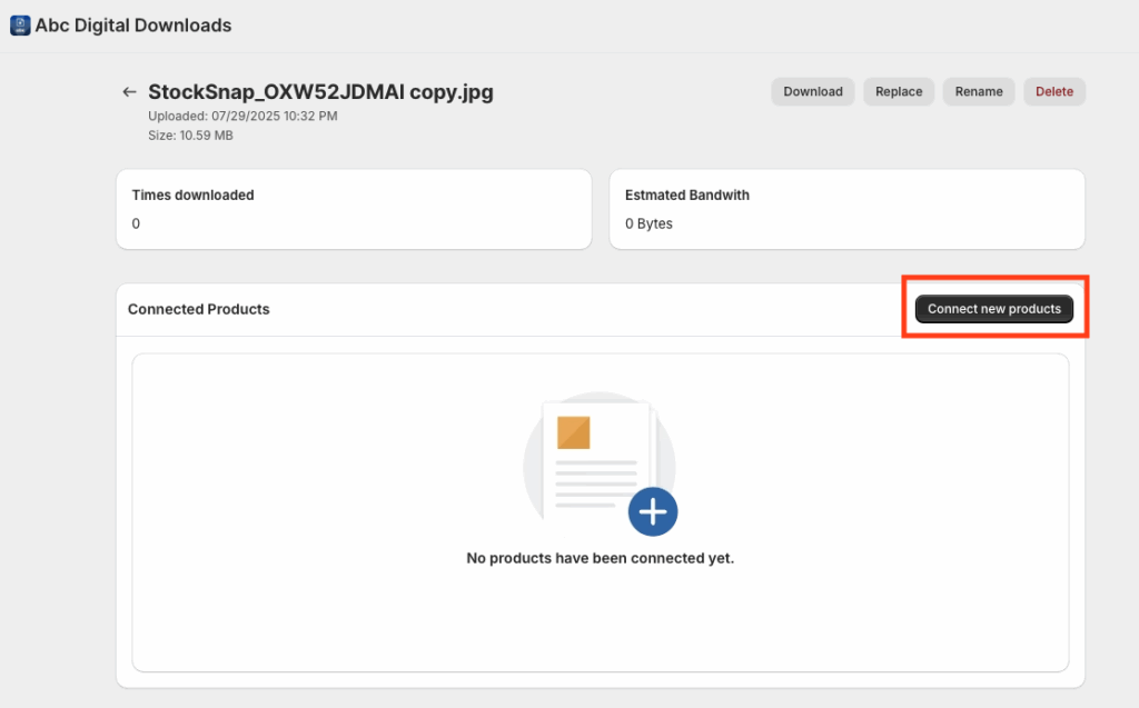 File details page with Connect new products open to select Shopify products to link the file to