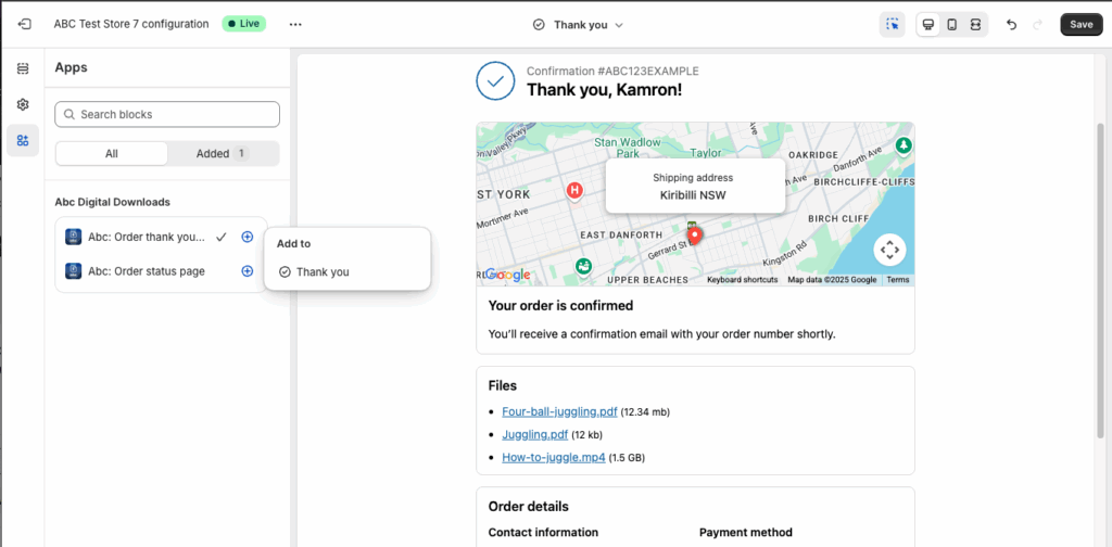 ABC Digital Downloads admin enabling the Order Status Page and Thank You Page checkout extensions