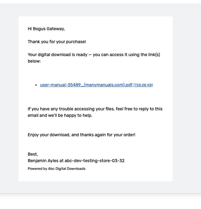Download email delivered to the customer with a link to access the purchased digital file