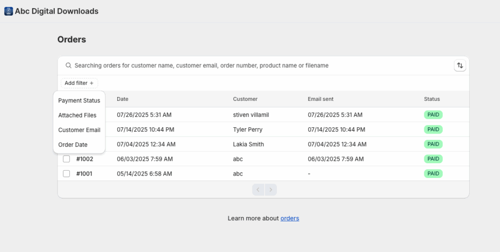 Orders list filters for payment status, attached files, customer email, and order date