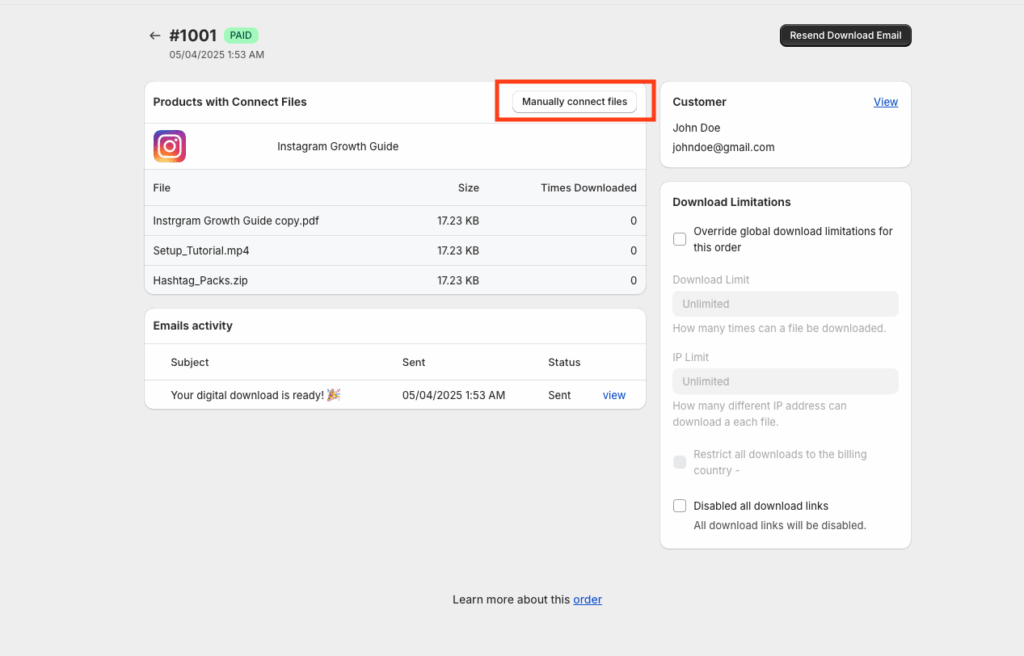 Order details page with the Manually Connect Files button for adding files to an existing order