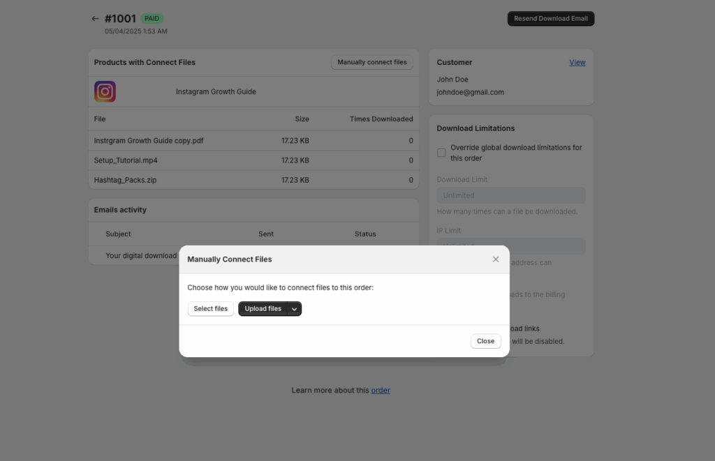 File picker to Select Files already uploaded or Upload Files from your computer to attach to the order