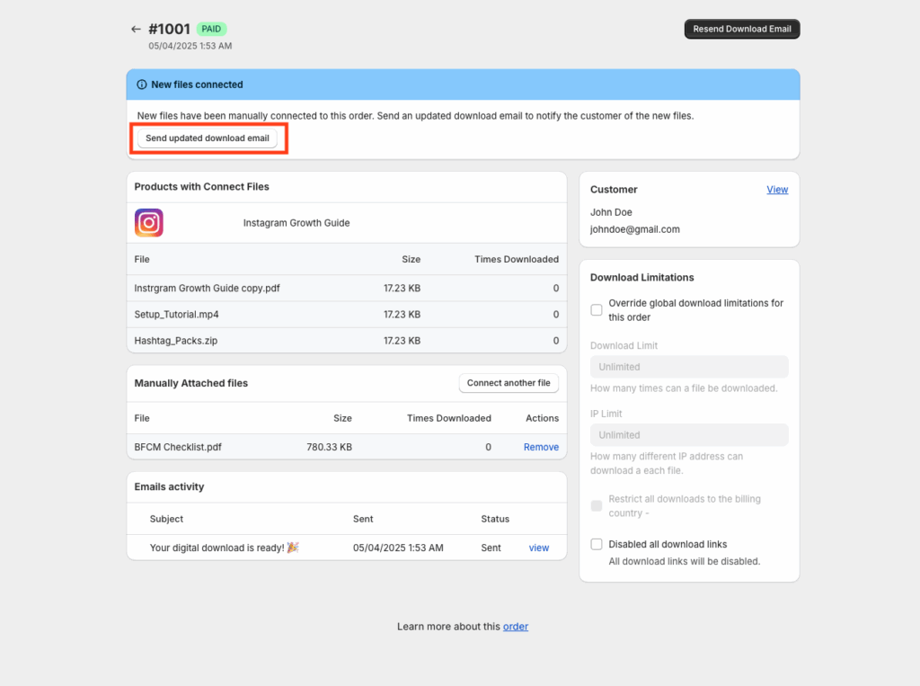 Manually Attached Files listed on the order with a Send Updated Download Email button to notify the customer
