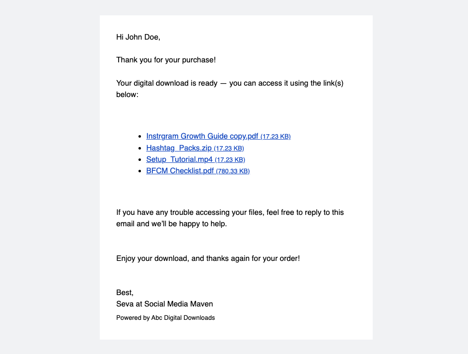 Updated download email containing links to both the original purchased files and newly attached files