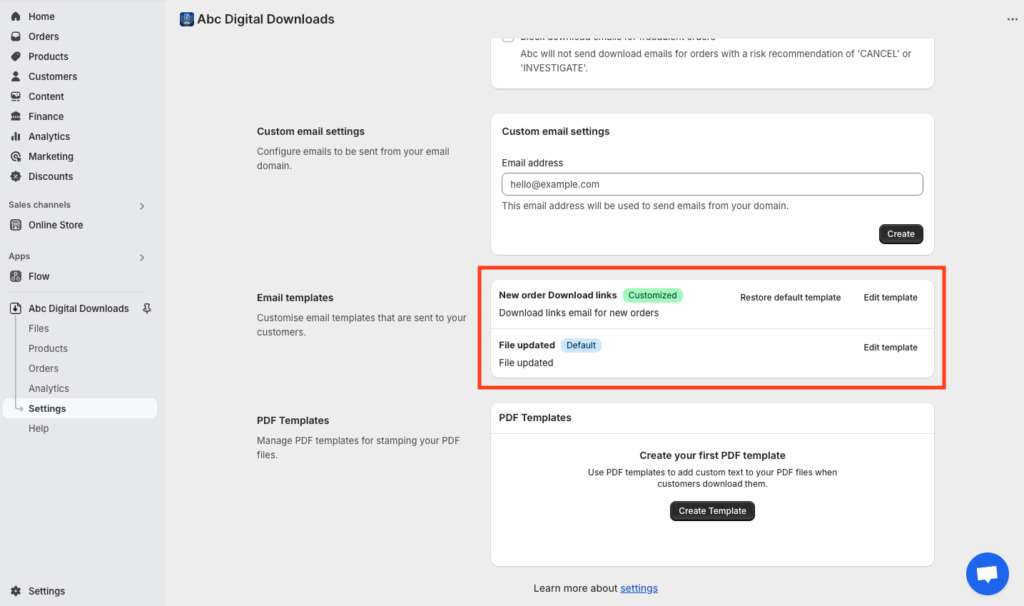 Email Templates settings listing customer emails with an Edit Template button for each