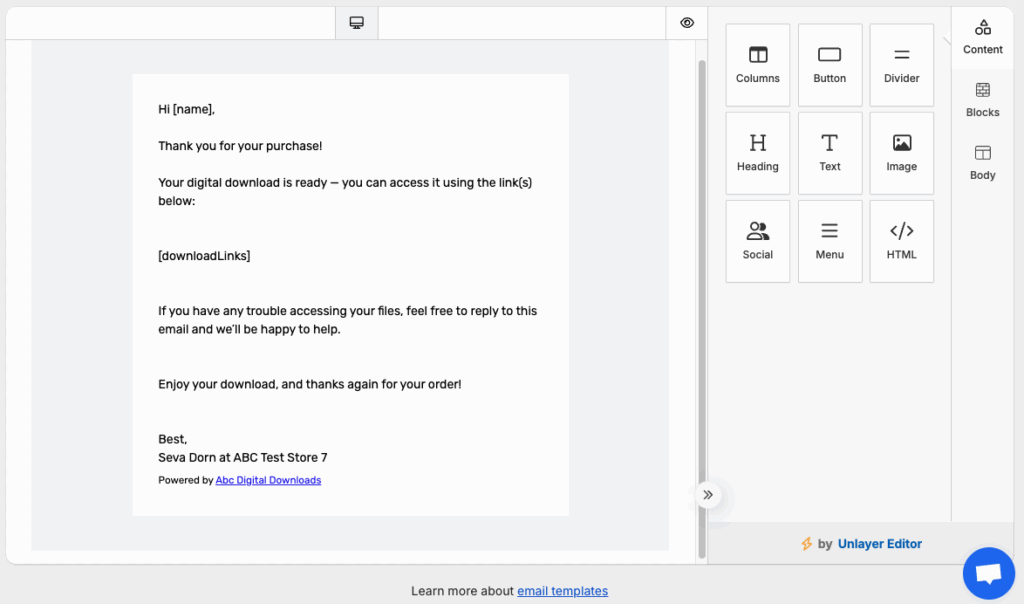Email template editor for changing the subject, content, dynamic placeholders, and branding