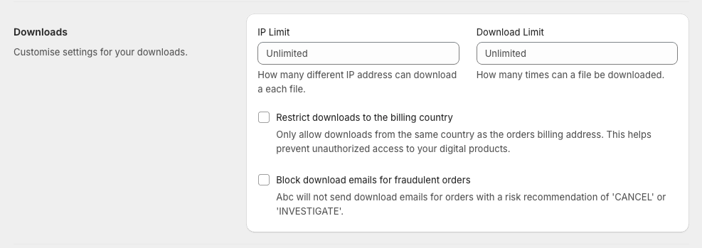 Downloads settings for IP limit, download limit, billing-country restriction, and fraud blocking