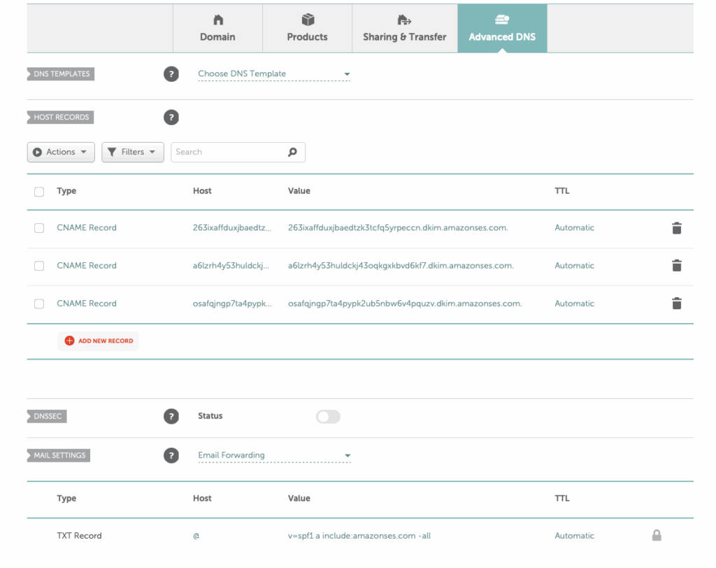 DNS host management page where the provided CNAME and SPF records are added to authorize sending