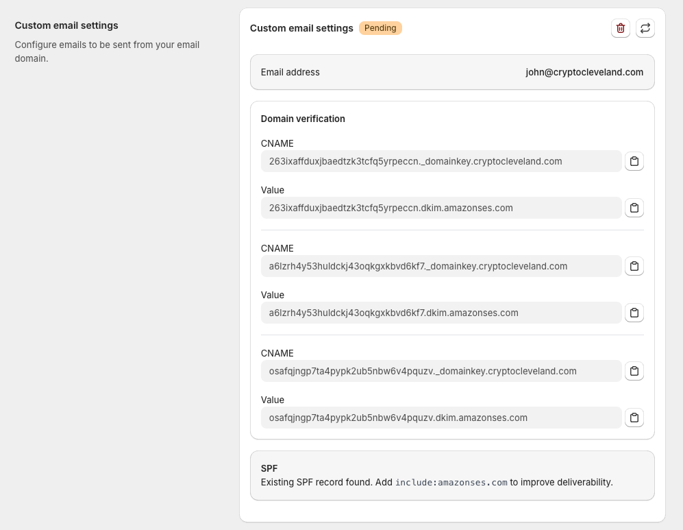 Generated DNS records for domain verification: three CNAME records for DKIM and an SPF TXT record